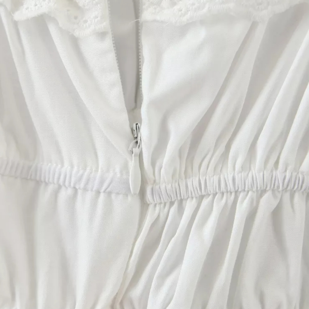 White Puff Sleeve Square Neck Dress with Lace and Ruffle Detail - Picture 12 of 16